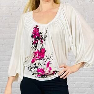 WHBM Boho Peasant Blouse S White Pink Floral Vintage Y2K Top